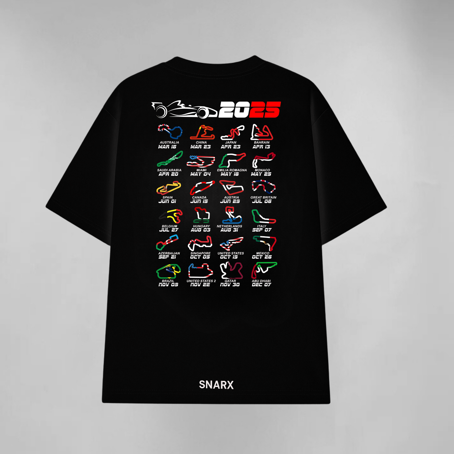 2025 Formula Race Calendar Circuits (Back & pocket print) – Unisex Oversized T-Shirt