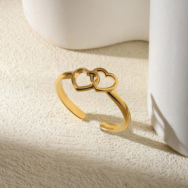 Joined Double Heart Themed Adjustable - Ring