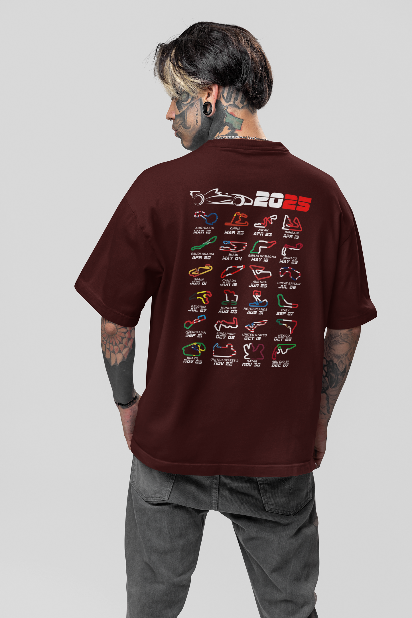2025 Formula Race Calendar Circuits (Back & pocket print) – Unisex Oversized T-Shirt