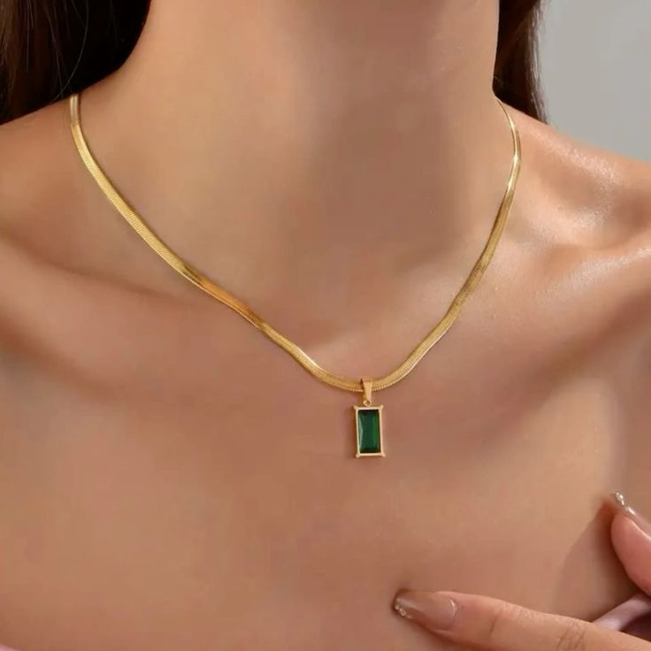 Anti Tarnish Green Emerald Geometric Snake Chain - Necklace
