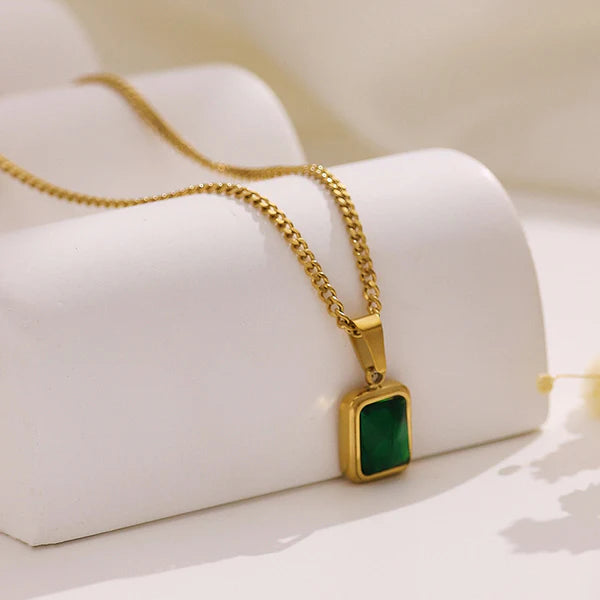 Anti Tarnish Green Geometric - Necklace