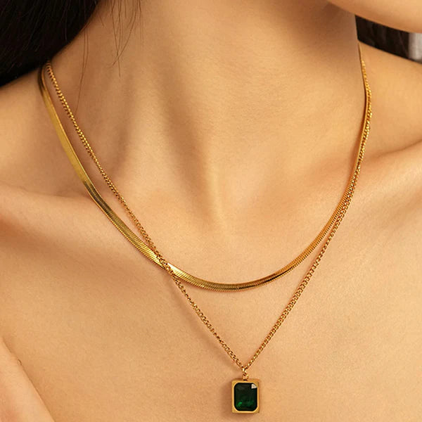 Gold-Plated Anti Tarnish Green Emerald Geometric Layered - Necklace