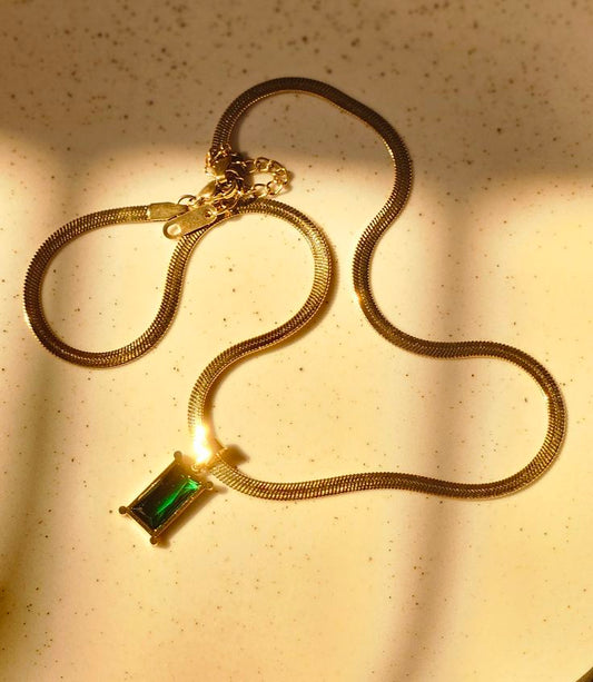 Anti Tarnish Green Emerald Geometric Snake Chain - Necklace