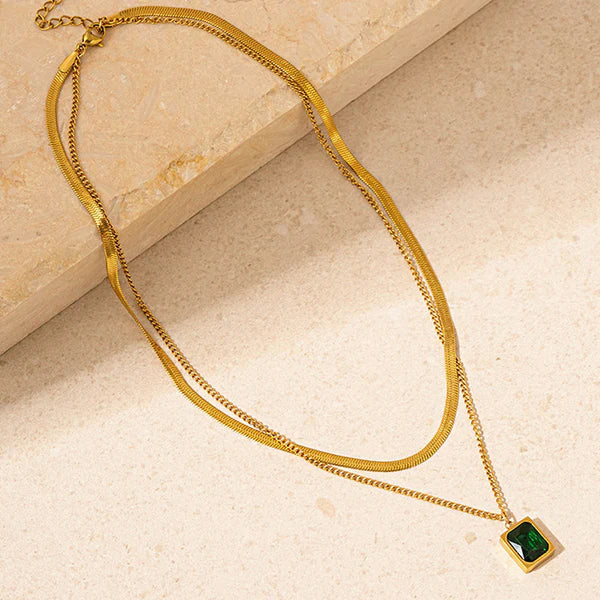 Gold-Plated Anti Tarnish Green Emerald Geometric Layered - Necklace