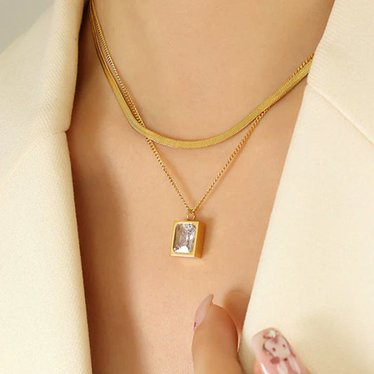 Anti Tarnish White Emerald Geometric Layered - Necklace