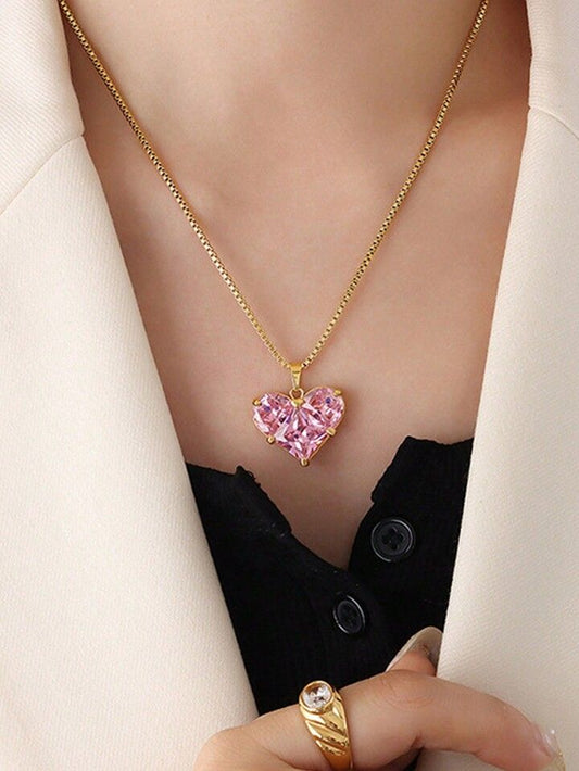 Anti Tarnish Pink Heart Stone - Necklace