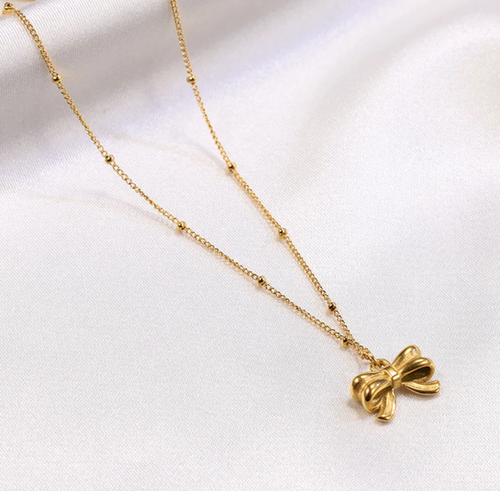Anti Tarnish Simple Beaded Bow - Necklace