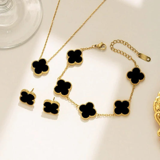 Anti Tarnish Black Clover Jewellery - Set