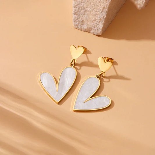 Anti Tarnish White Heart Drop - Earrings