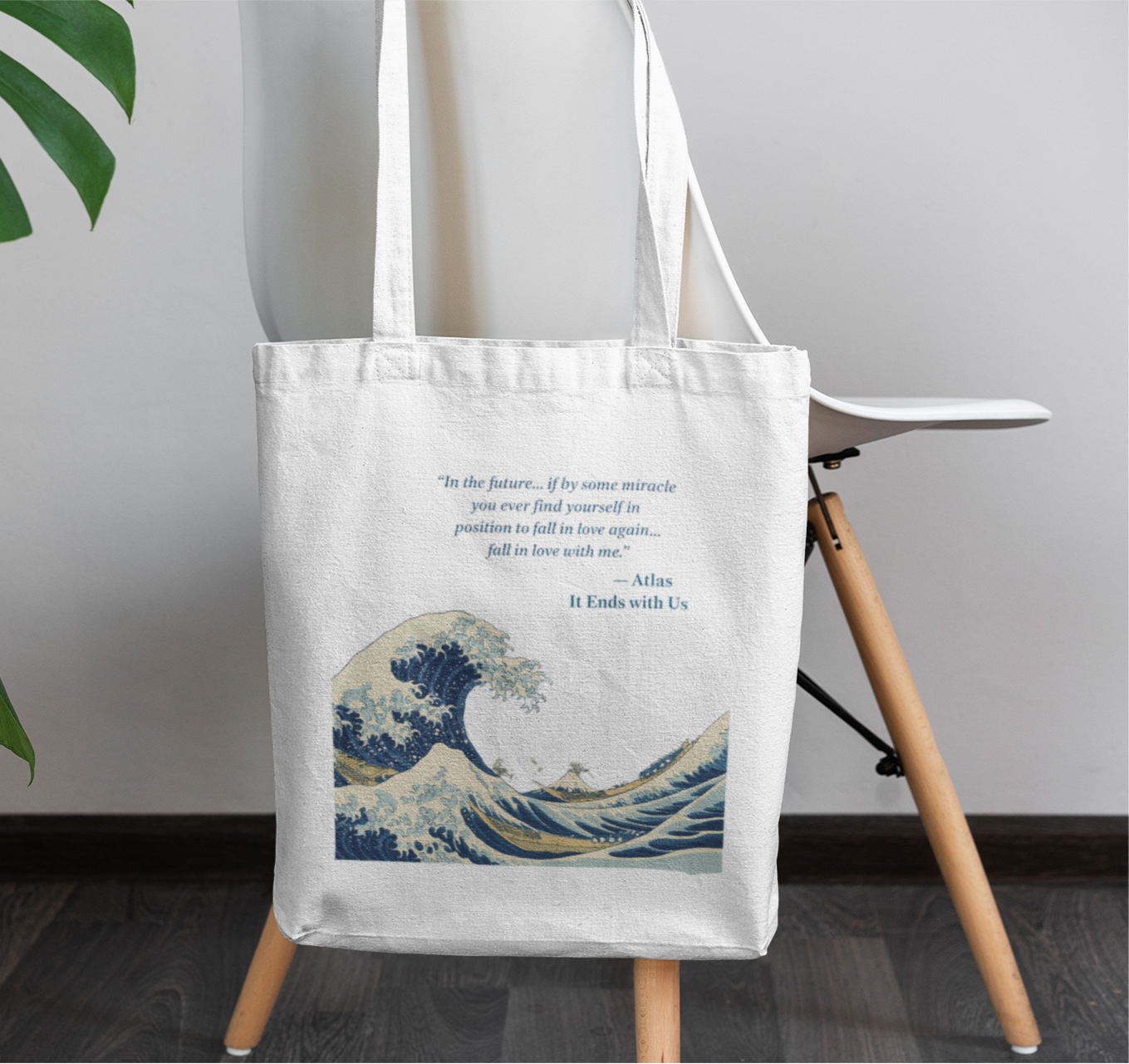 The great wave off kanagawa with ATLAS quote black tote bag with zipper