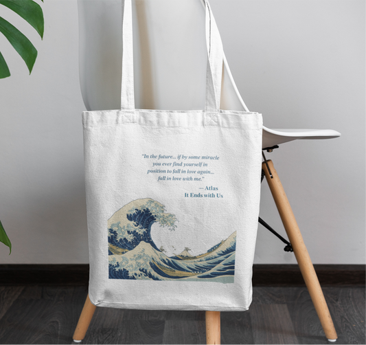 The great wave off kanagawa with ATLAS quote black tote bag with zipper