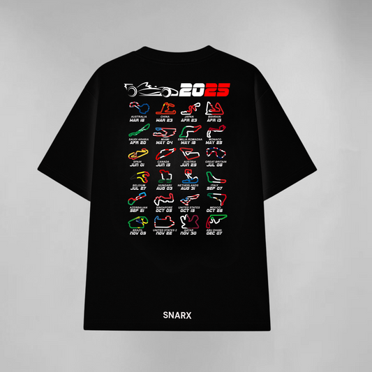 2025 Formula Race Calendar Circuits (Back & pocket print) – Unisex Oversized T-Shirt