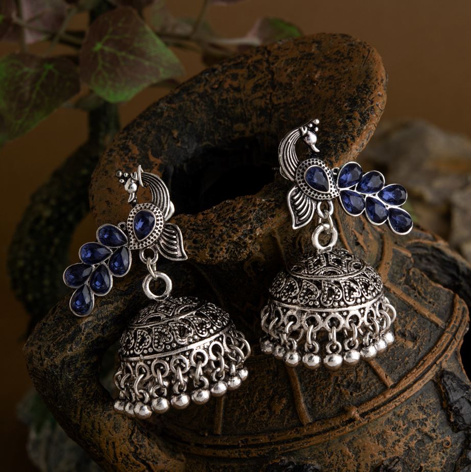 Peacock Stone Oxidised - Earrings