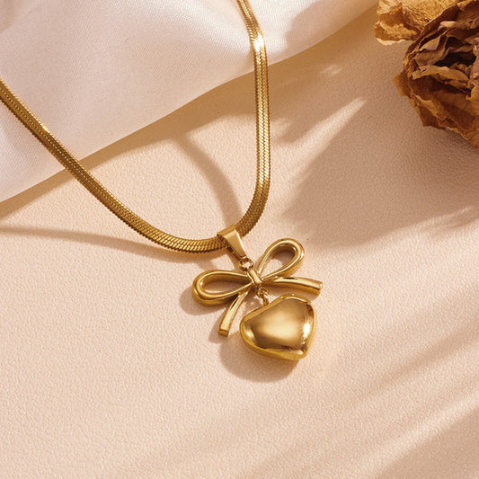 Bow Knot Heart Themed Gold - Necklace