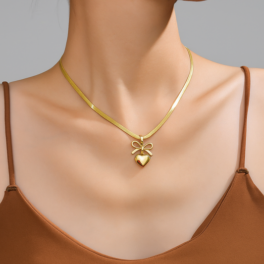 Bow Knot Heart Themed Gold - Necklace