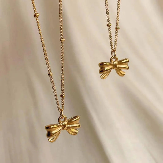 Anti Tarnish Simple Beaded Bow - Necklace