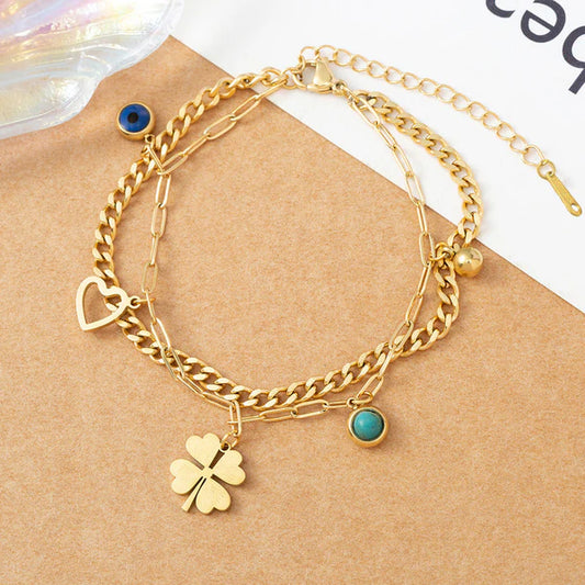 Anti Tarnish Clover Evil Eye Wraparound - Bracelet