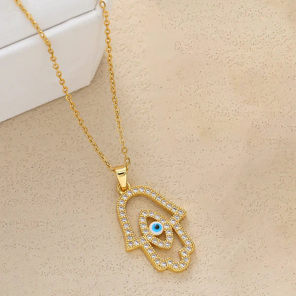 Anti Tarnish Evil Eye Buddha Hand - Necklace
