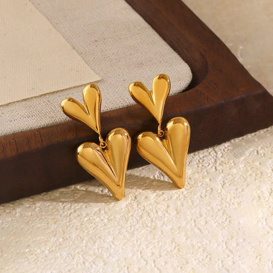 Anti Tarnish Minimal Double Heart - Earrings