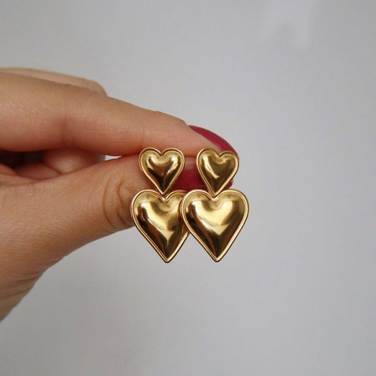 Anti Tarnish Thick Double Heart - Earrings