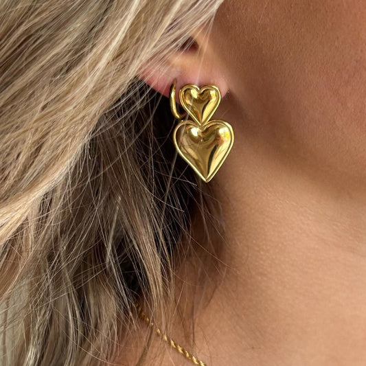 Anti Tarnish Thick Double Heart - Earrings