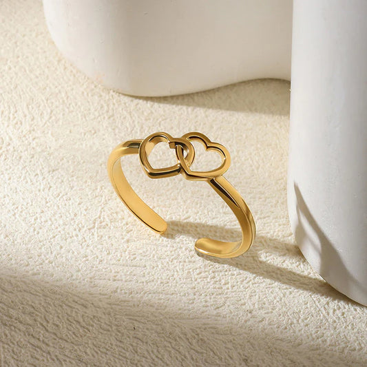 Joined Double Heart Themed Adjustable - Ring