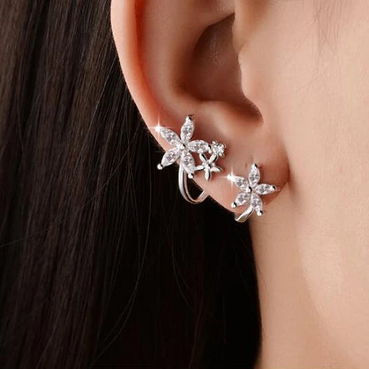 Silver Diamond Studded Triple Star Shaped - Earcuffs