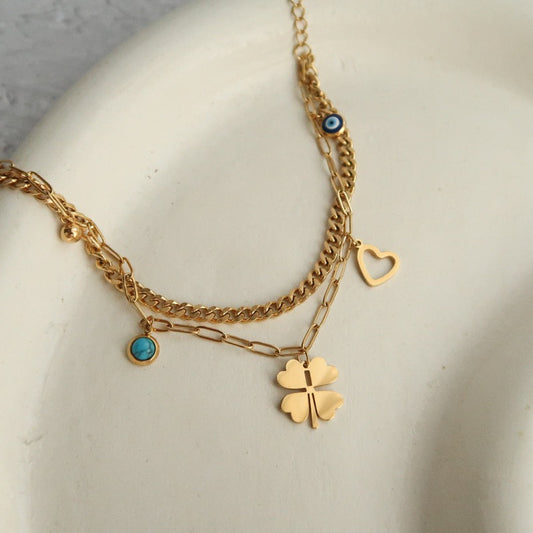 Anti Tarnish Clover Evil Eye Wraparound - Bracelet