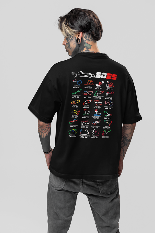 2025 Formula Race Calendar Circuits (Back & pocket print) – Unisex Oversized T-Shirt