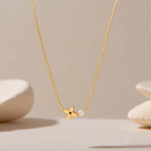 Anti Tarnish Floral Pearl - Necklace
