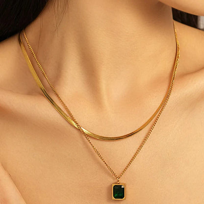 Gold-Plated Anti Tarnish Green Emerald Geometric Layered - Necklace