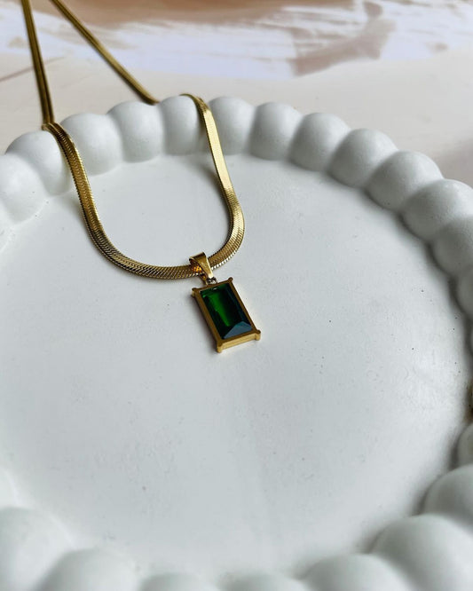 Anti Tarnish Green Emerald Geometric Snake Chain - Necklace