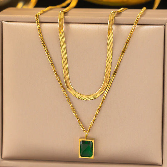 Gold-Plated Anti Tarnish Green Emerald Geometric Layered - Necklace