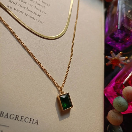 Anti Tarnish Green Emerald Geometric Layered - Necklace
