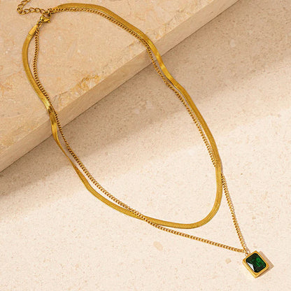 Gold-Plated Anti Tarnish Green Emerald Geometric Layered - Necklace