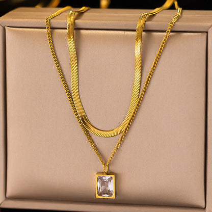 White Emerald Geometric Layered - Necklace
