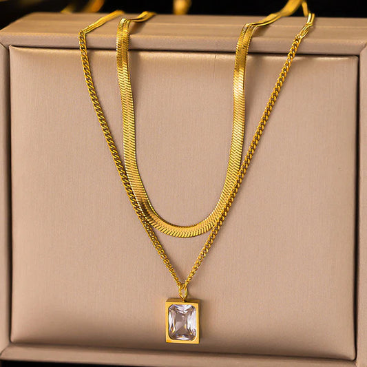 White Emerald Geometric Layered - Necklace