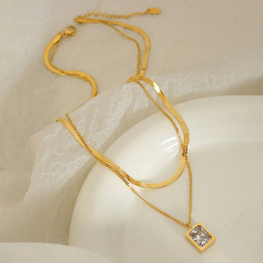 White Emerald Geometric Layered - Necklace