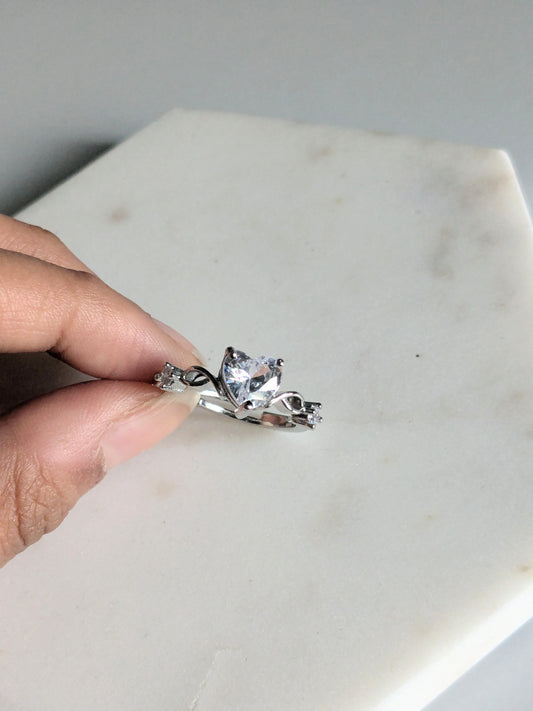 Anti Tarnish Heart Stone Silver Adjustable - Ring