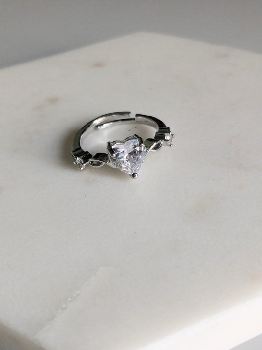 Anti Tarnish Heart Stone Silver Adjustable - Ring