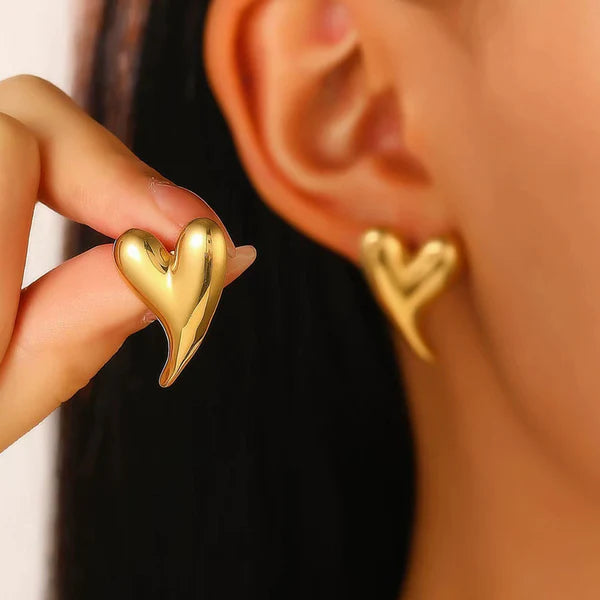 Anti Tarnish Heart Tilted Stud - Earrings