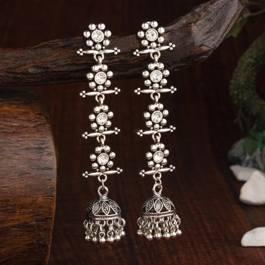 Four Layered White Flower Oxidised - Earrings